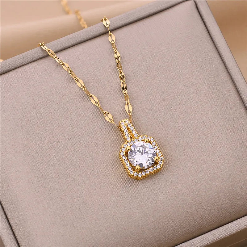 316L Stainless Steel Square 3 Color Crystal Zircon Clavicle Chain High Quality Beauty Pendant Necklace for Women Wedding