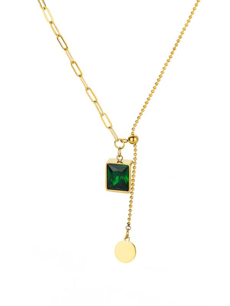 1 Piece Vintage Artificial Gemstone Detail Pendant Necklace for Women for Gift, Stainless Steel Jewelry, Retro round Charm Tassel Asymmetrical Design Necklace