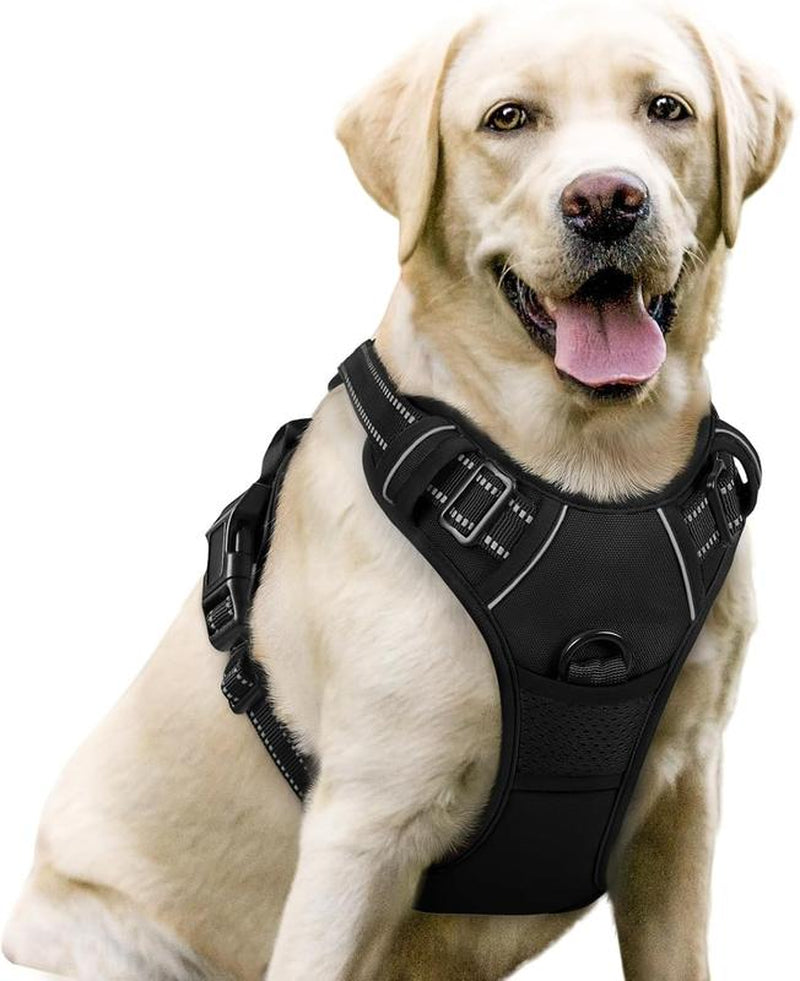Dog Harness No-Pull Pet Harness with 2 Leash Clips, Adjustable Soft Padded Vest, Reflective No-Choke Oxford Vest for Large Dogs, Black