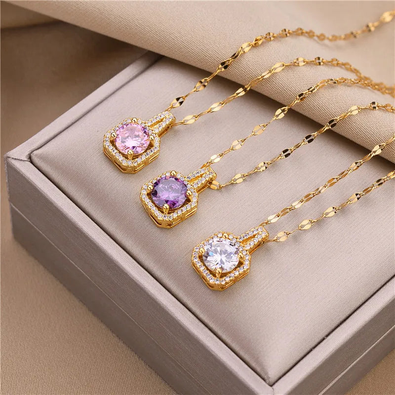 316L Stainless Steel Square 3 Color Crystal Zircon Clavicle Chain High Quality Beauty Pendant Necklace for Women Wedding