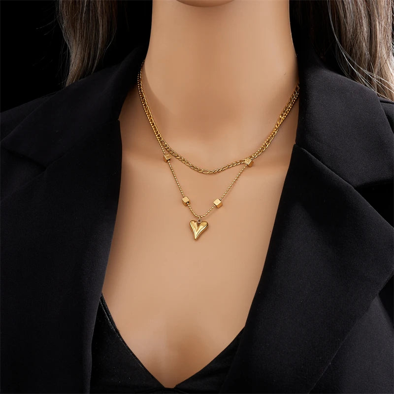 Stylish Multi-Layer Heart Pendant Necklace in Gold 316L Stainless Steel