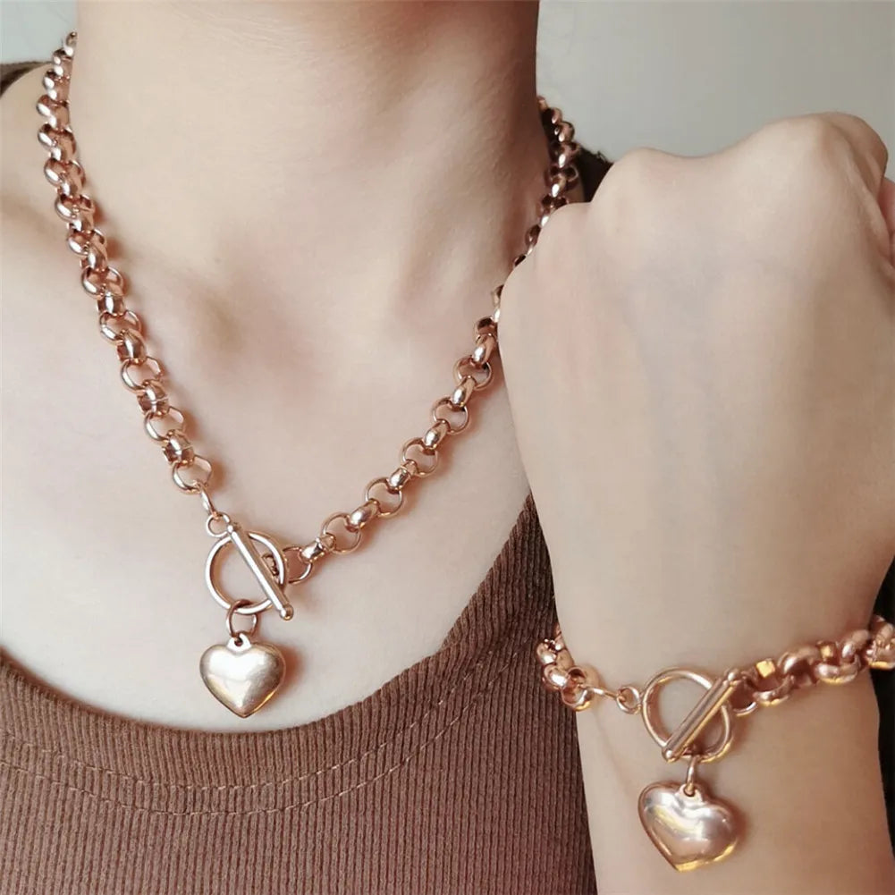 Stainless Steel Puff Heart Jewelry Sets for Women Fashion Buckle Toggle Heart Bracelet Ncklace Sets Female Jewelry