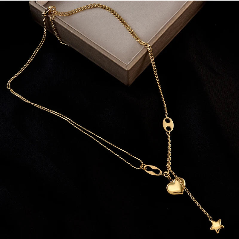 316L Stainless Steel Long Love Heart Women Girls Necklaces&Pendant Star Hanging Chain Choker Sweet Valentine'S Day Gift