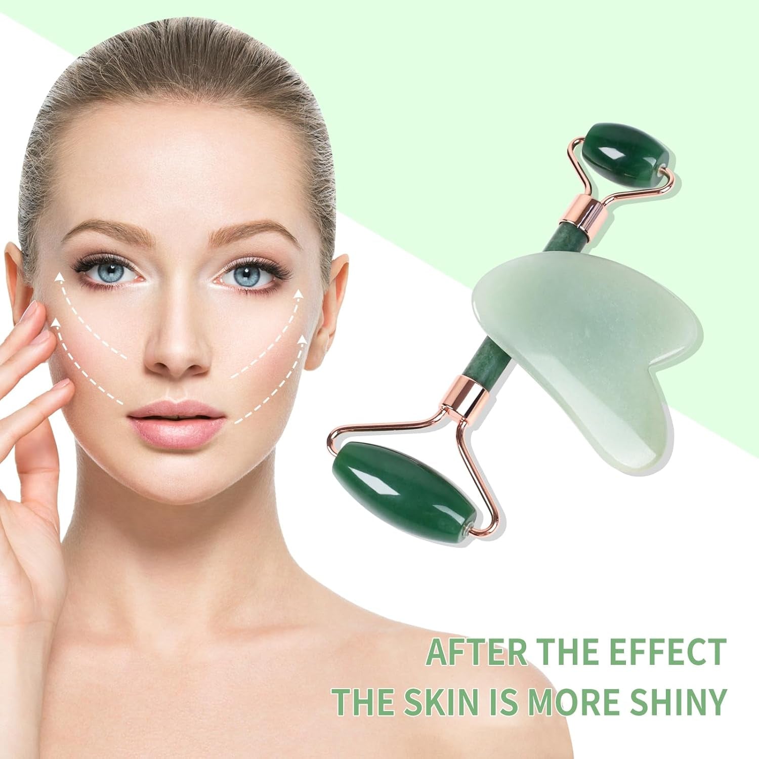 Quartz Rose Jade Roller and Gua Sha Facial Set Kit for Face Skincare, Stone Sculpting Tool, Massager Roller for Skin Care,Gift for Men and Women (Green)