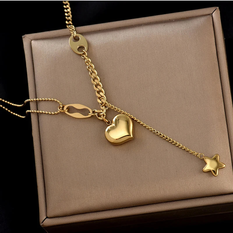 316L Stainless Steel Long Love Heart Women Girls Necklaces&Pendant Star Hanging Chain Choker Sweet Valentine'S Day Gift