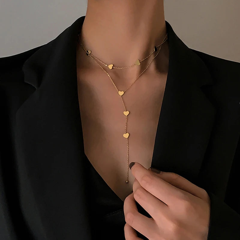 316L Stainless Steel Love Heart Tassel Long Necklace 2 Layers Beautiful Clavicle Chain Exquisite Gorgeous Women Wedding