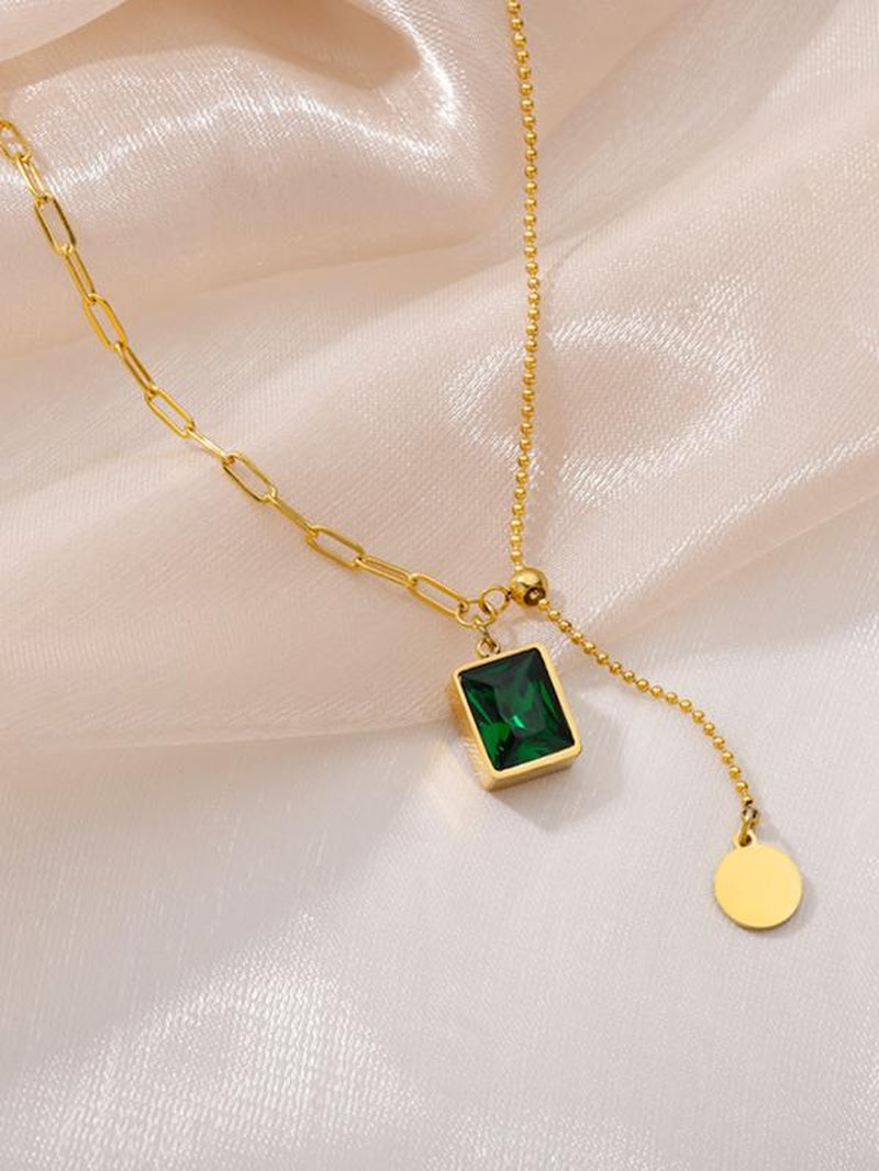 Vintage Round Gemstone Pendant Necklace with Tassel & Retro Asymmetrical Design, 316L Stainless Steel
