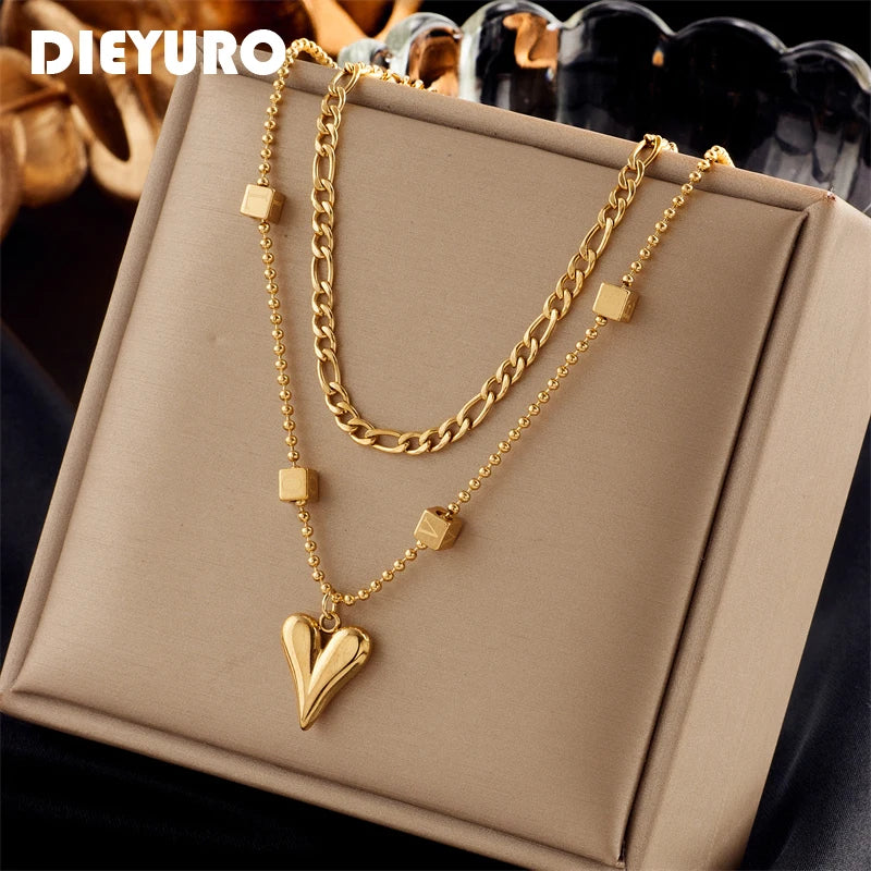 Stylish Multi-Layer Heart Pendant Necklace in Gold 316L Stainless Steel