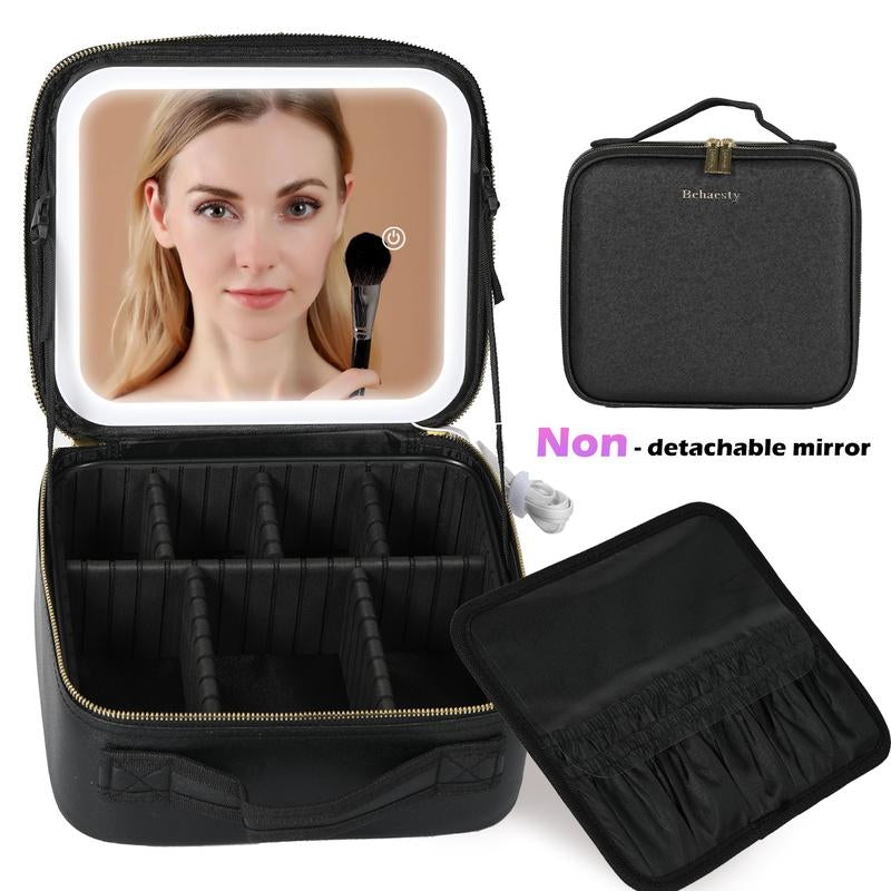 Behaesty Portable Makeup Bag with 3-Color LED Detachable Mirror 2000Mah USB Rechargeable Waterproof PU Leather Organizer Compact Travel Cosmetic Pouch
