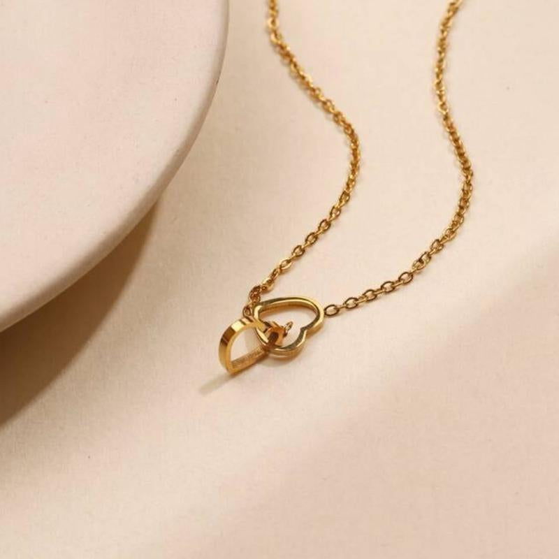 Double Hearts Wrapped Pendant Necklace – Titanium & Stainless Steel Chain