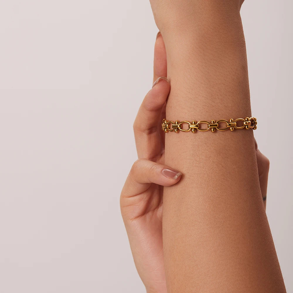 Uworld Retro 18K Gold Plated Stainless Steel Jewelry Party Gift O-Shaped Dot Handmade Bracelet Man
