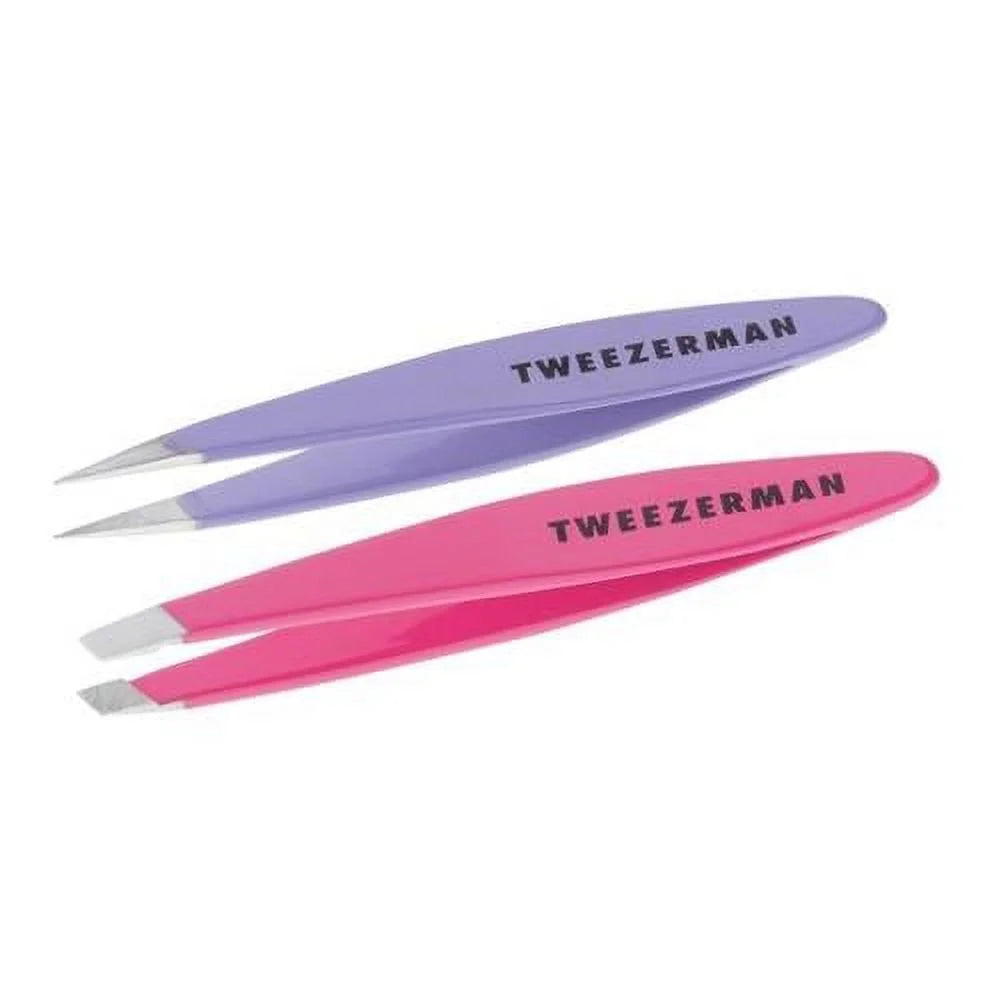 Mini Oval Slant and Point Tweezer Combo, Stainless Steel, Purple Pink