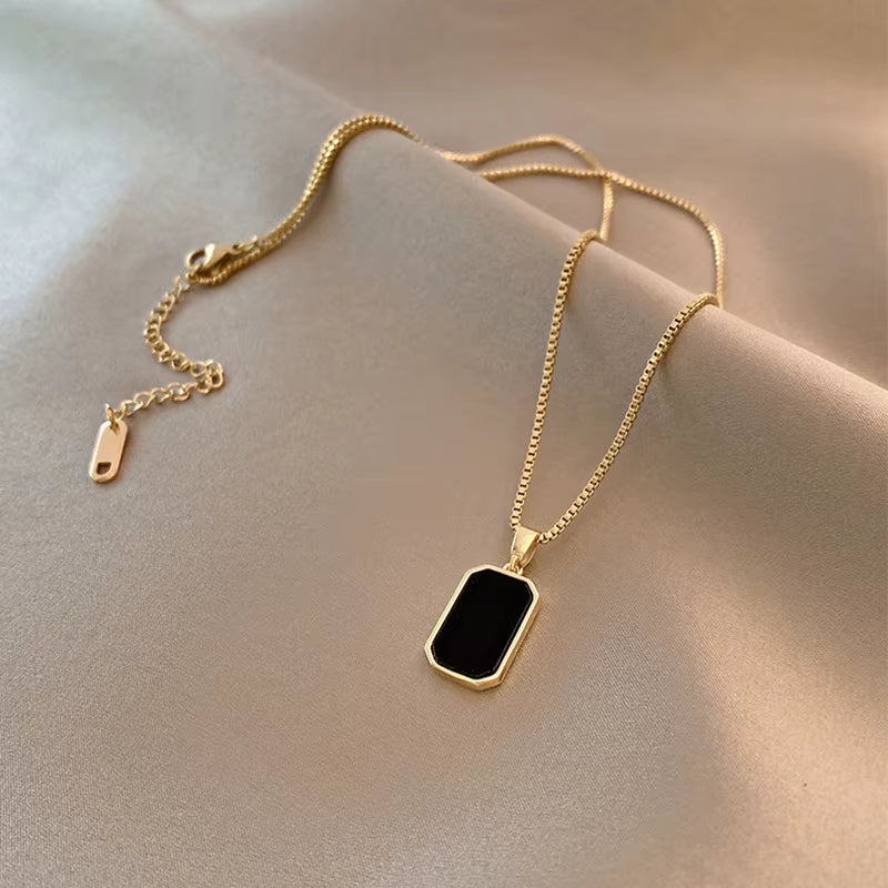 Gold Long Necklace & Minimalist Rectangular Pendant with Black Epoxy in 316L Stainless Steel