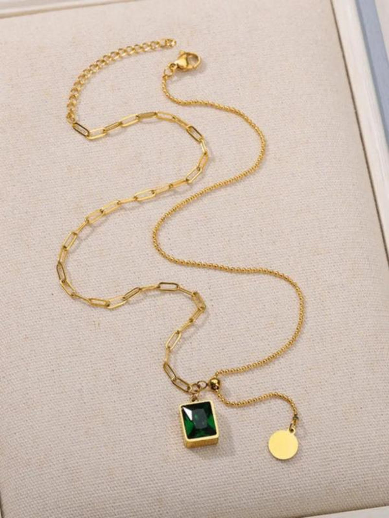 1 Piece Vintage Artificial Gemstone Detail Pendant Necklace for Women for Gift, Stainless Steel Jewelry, Retro round Charm Tassel Asymmetrical Design Necklace