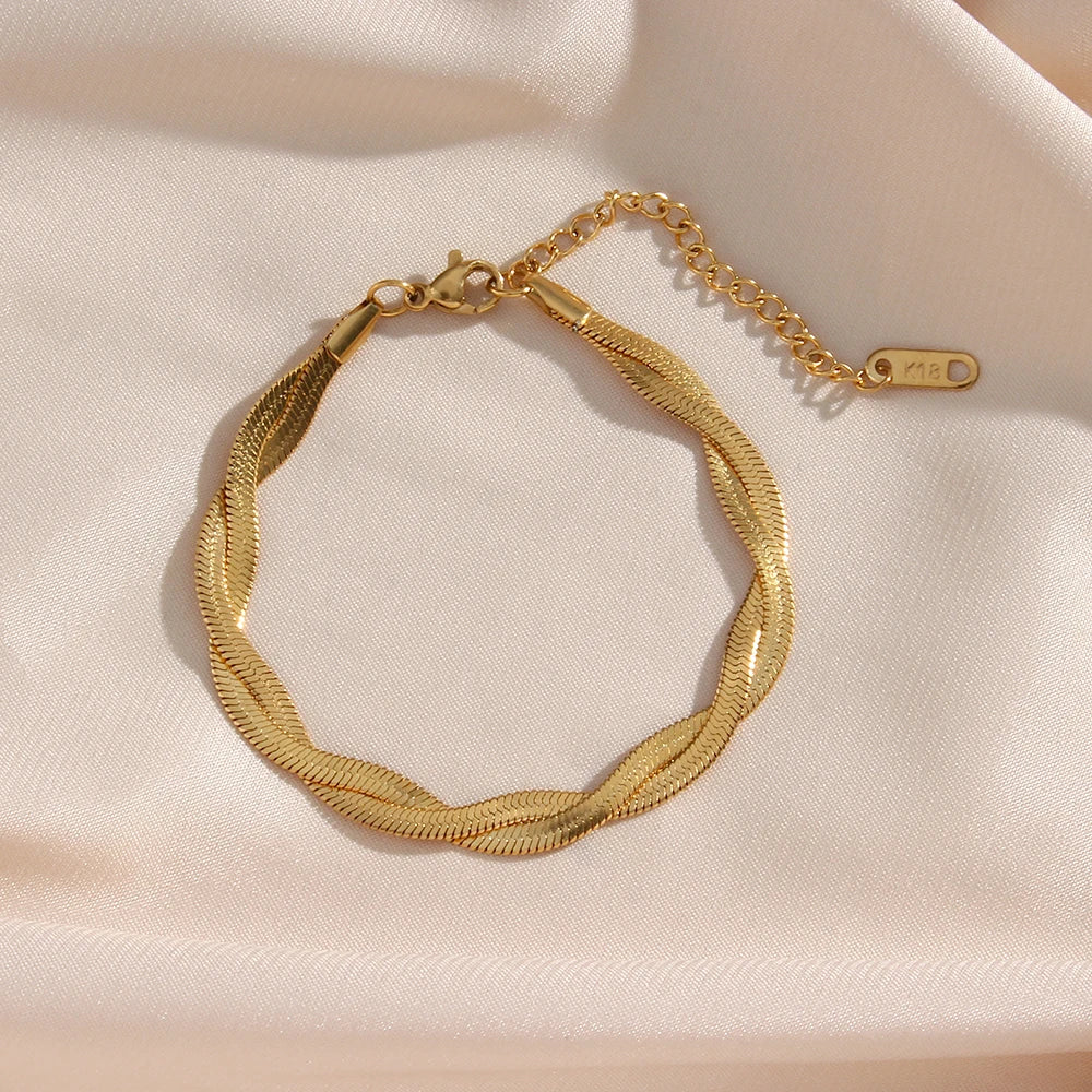 Gold Plated Braided New Herringbone Chain Necklace Bracelets Set Wholesale Stainless Steel Jewelry for Women