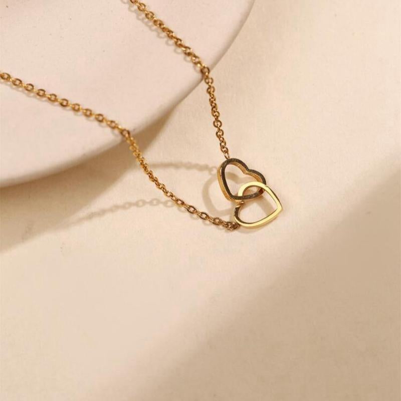 Double Hearts Wrapped Pendant Necklace – Titanium & Stainless Steel Chain
