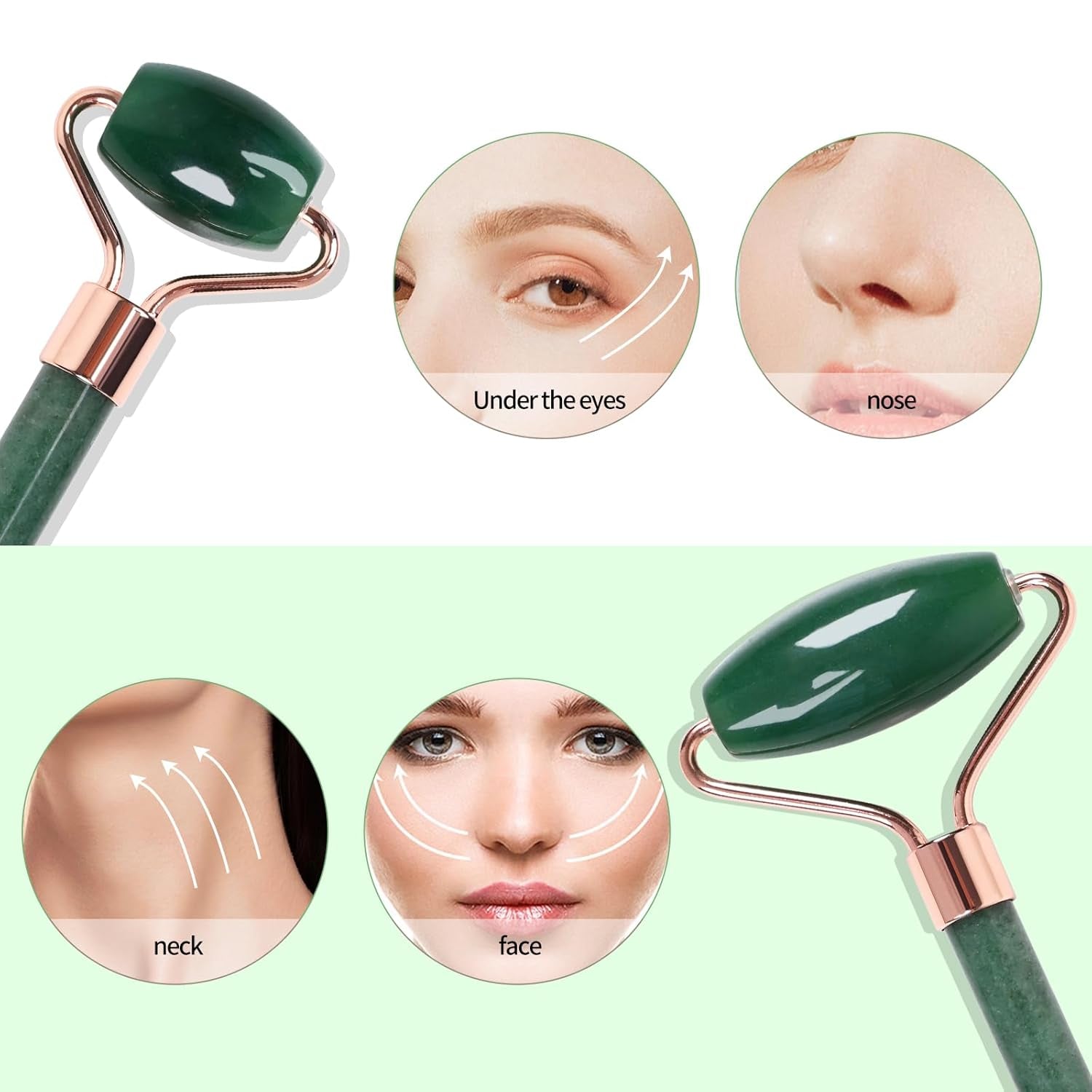 Quartz Rose Jade Roller and Gua Sha Facial Set Kit for Face Skincare, Stone Sculpting Tool, Massager Roller for Skin Care,Gift for Men and Women (Green)