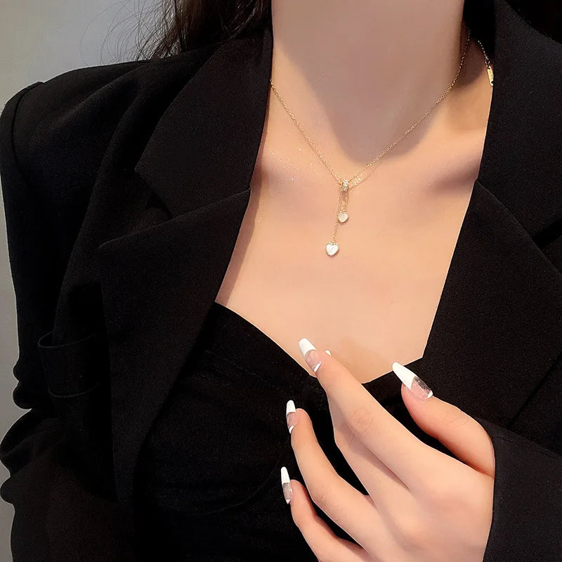 316L Stainless Steel Niche Design Love Shell Girl Necklace INS Layered Adjustable Exquisite Clavicle Chain Sweet Jewelry