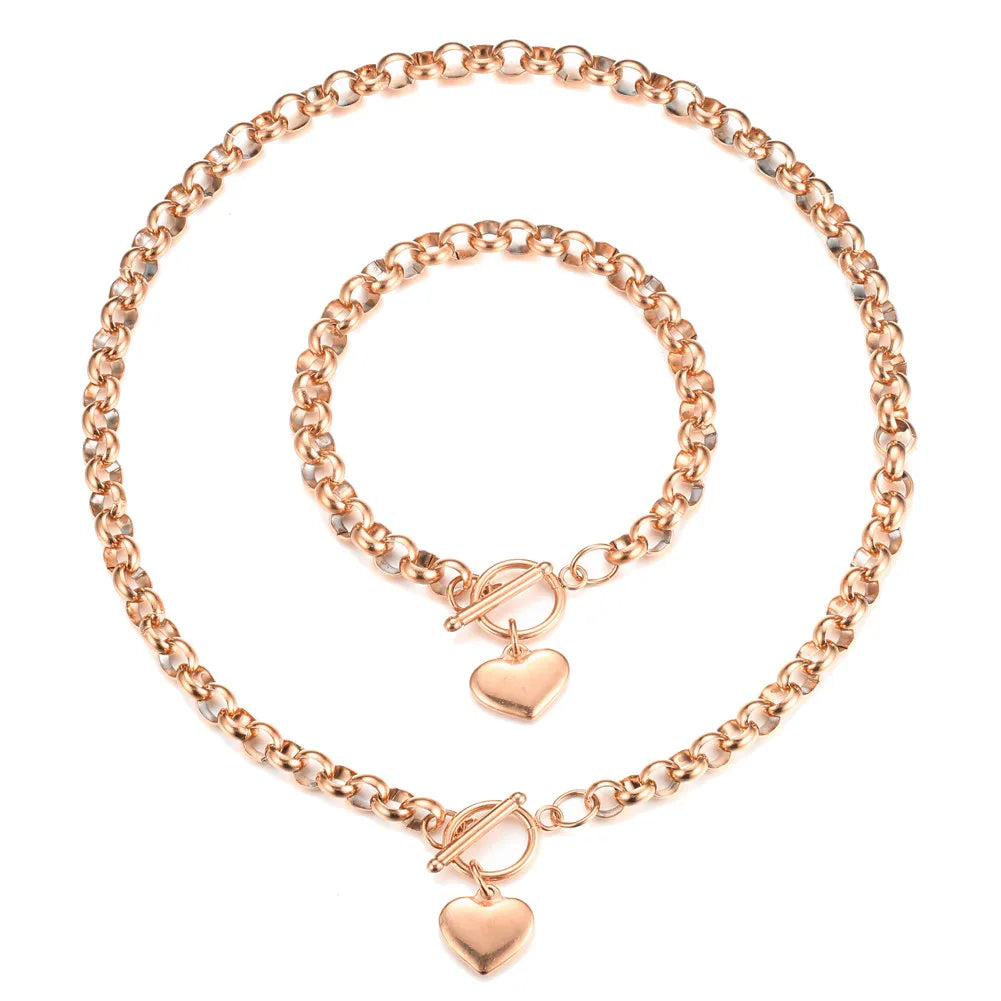 Stainless Steel Puff Heart Jewelry Sets for Women Fashion Buckle Toggle Heart Bracelet Ncklace Sets Female Jewelry