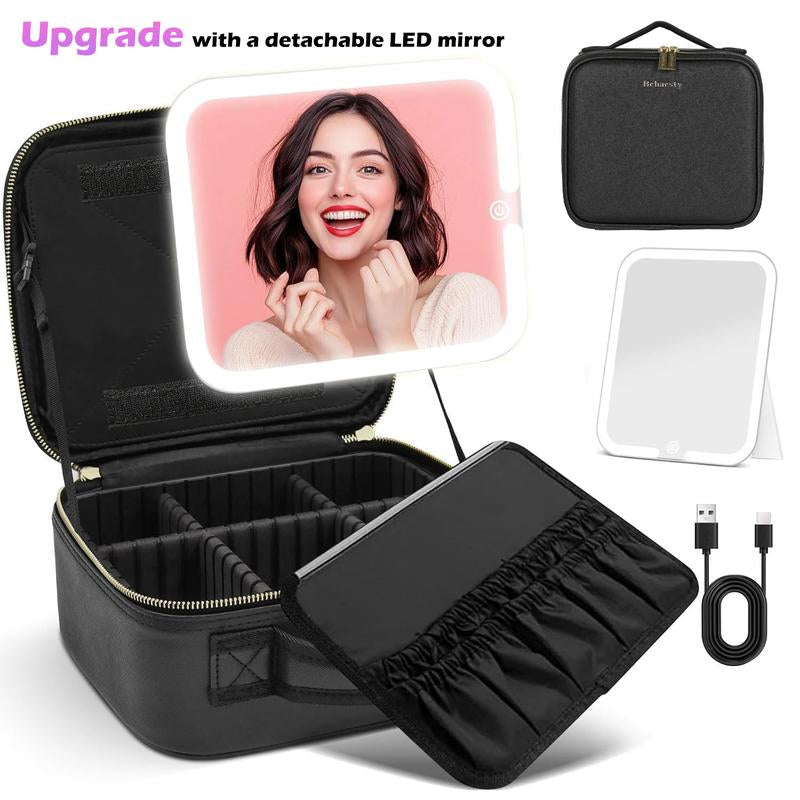 Behaesty Portable Makeup Bag with 3-Color LED Detachable Mirror 2000Mah USB Rechargeable Waterproof PU Leather Organizer Compact Travel Cosmetic Pouch