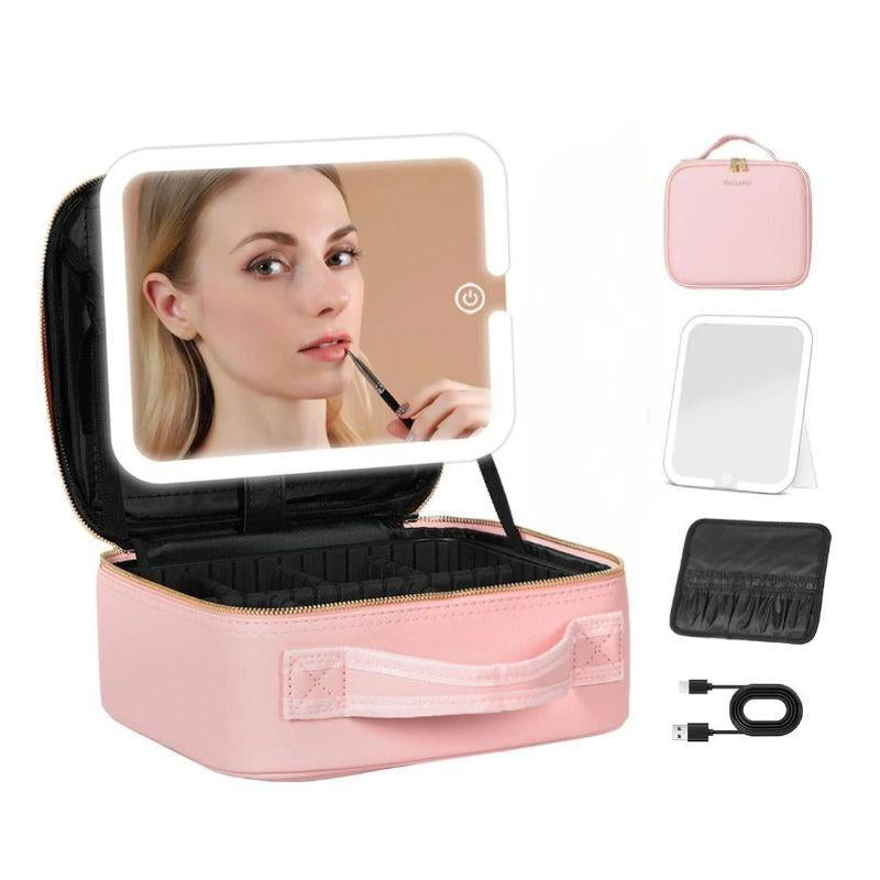 Behaesty Portable Makeup Bag with 3-Color LED Detachable Mirror 2000Mah USB Rechargeable Waterproof PU Leather Organizer Compact Travel Cosmetic Pouch