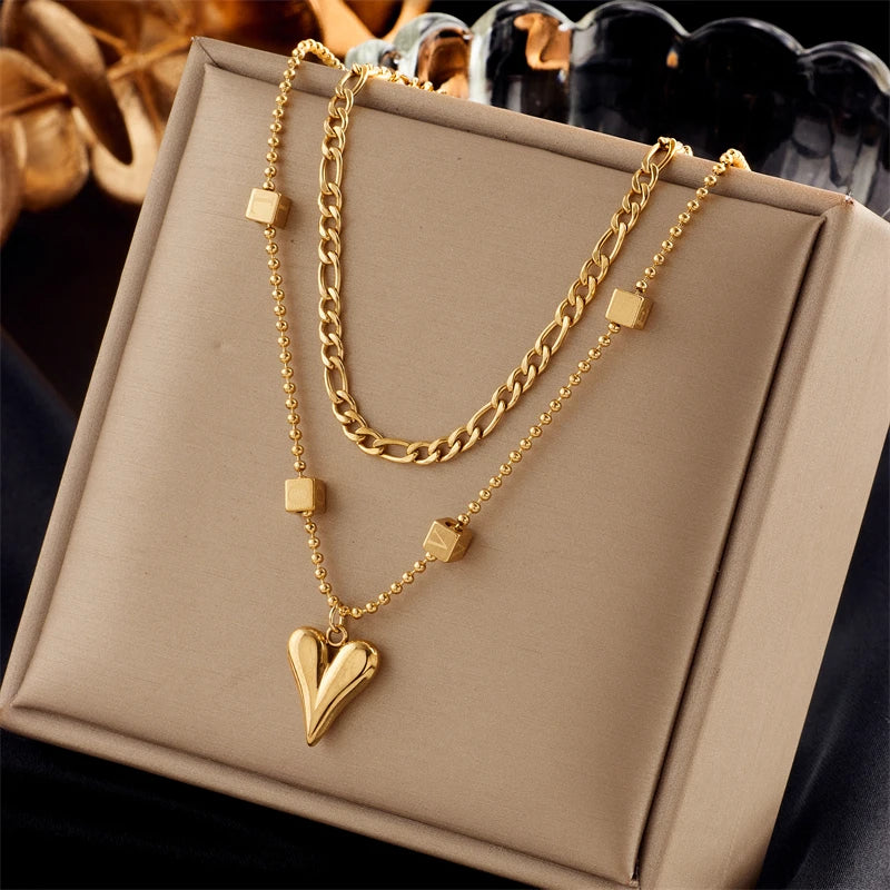 Stylish Multi-Layer Heart Pendant Necklace in Gold 316L Stainless Steel 