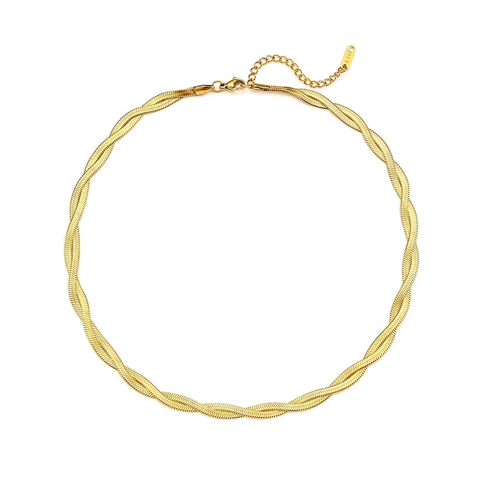 Gold Plated Braided New Herringbone Chain Necklace Bracelets Set Wholesale Stainless Steel Jewelry for Women