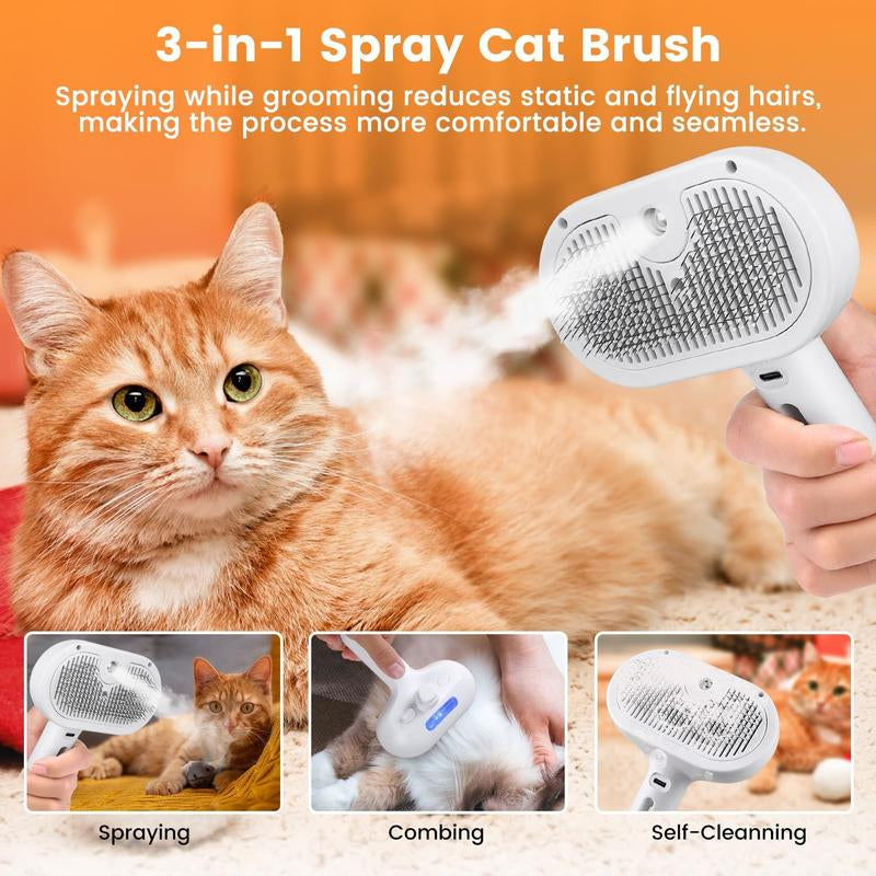 Cat Steam Brush for Shedding, Steamy Cat Brush for Long & Short Haired Cats & Dogs, Spray Cat Brush for Pet Grooming, Self-Cleaning Pet Hair Removal Comb with Water Tank