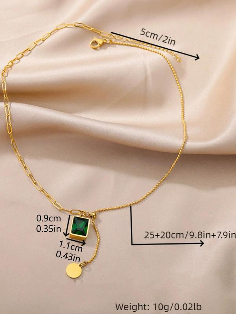 1 Piece Vintage Artificial Gemstone Detail Pendant Necklace for Women for Gift, Stainless Steel Jewelry, Retro round Charm Tassel Asymmetrical Design Necklace