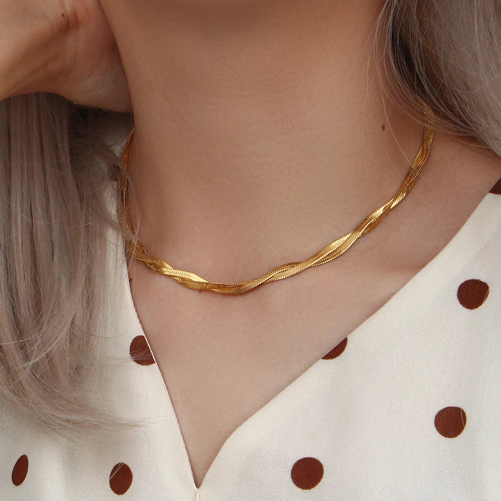 Gold Plated Braided New Herringbone Chain Necklace Bracelets Set Wholesale Stainless Steel Jewelry for Women