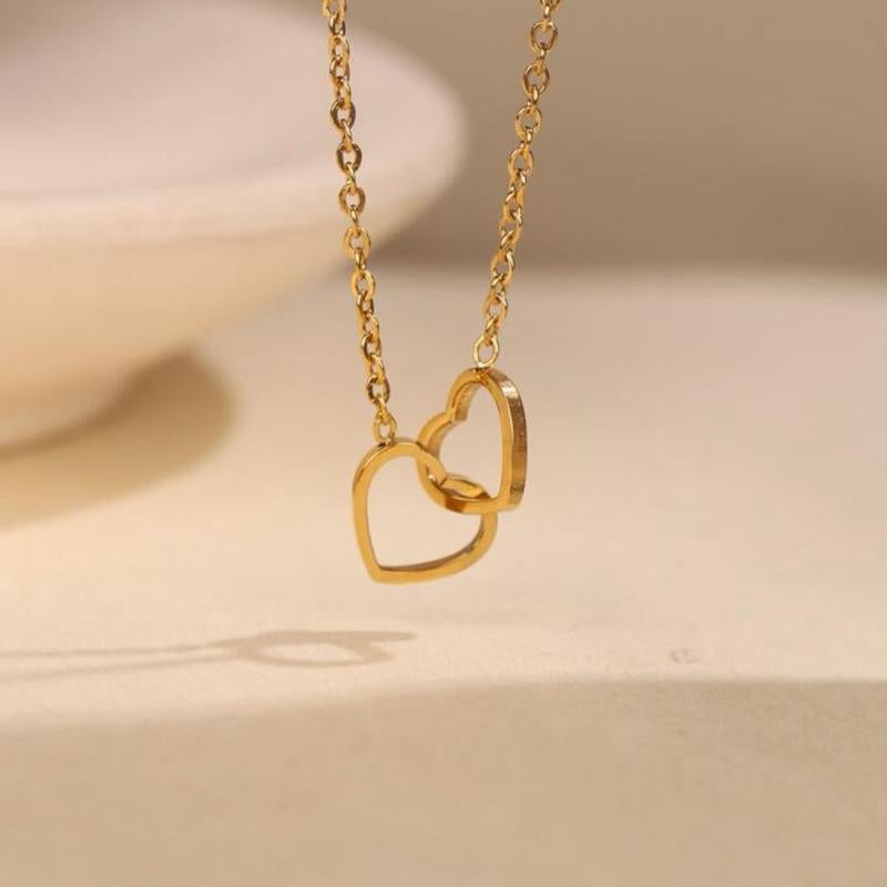 Double Hearts Wrapped Pendant Necklace – Titanium & Stainless Steel Chain