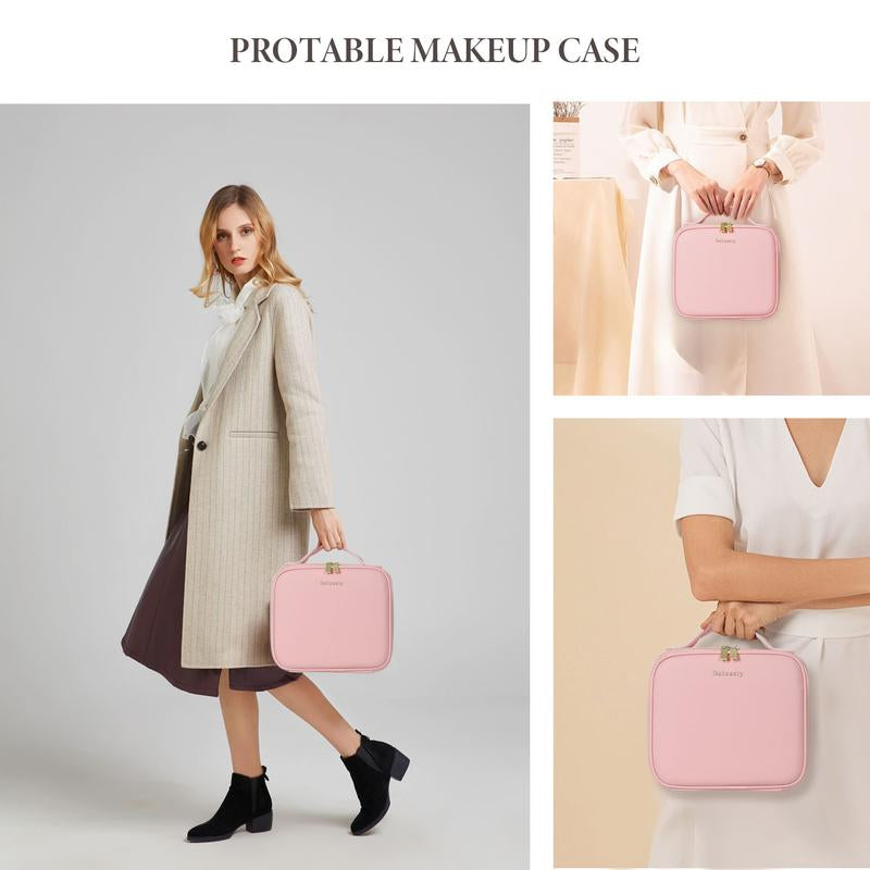 Behaesty Portable Makeup Bag with 3-Color LED Detachable Mirror 2000Mah USB Rechargeable Waterproof PU Leather Organizer Compact Travel Cosmetic Pouch