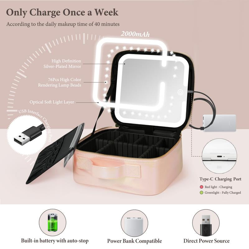 Behaesty Portable Makeup Bag with 3-Color LED Detachable Mirror 2000Mah USB Rechargeable Waterproof PU Leather Organizer Compact Travel Cosmetic Pouch