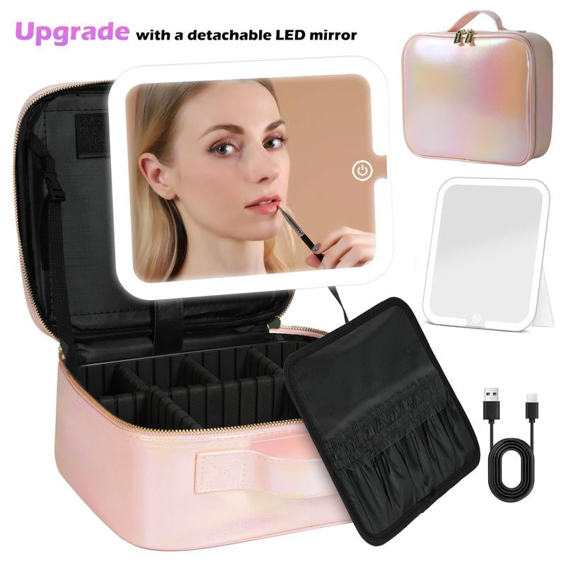 Behaesty Portable Makeup Bag with 3-Color LED Detachable Mirror 2000Mah USB Rechargeable Waterproof PU Leather Organizer Compact Travel Cosmetic Pouch