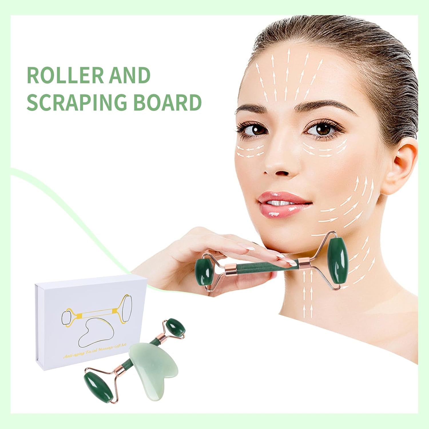 Quartz Rose Jade Roller and Gua Sha Facial Set Kit for Face Skincare, Stone Sculpting Tool, Massager Roller for Skin Care,Gift for Men and Women (Green)
