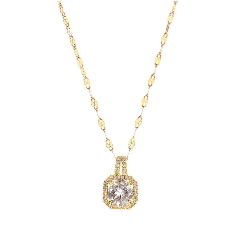 316L Stainless Steel Square 3 Color Crystal Zircon Clavicle Chain High Quality Beauty Pendant Necklace for Women Wedding