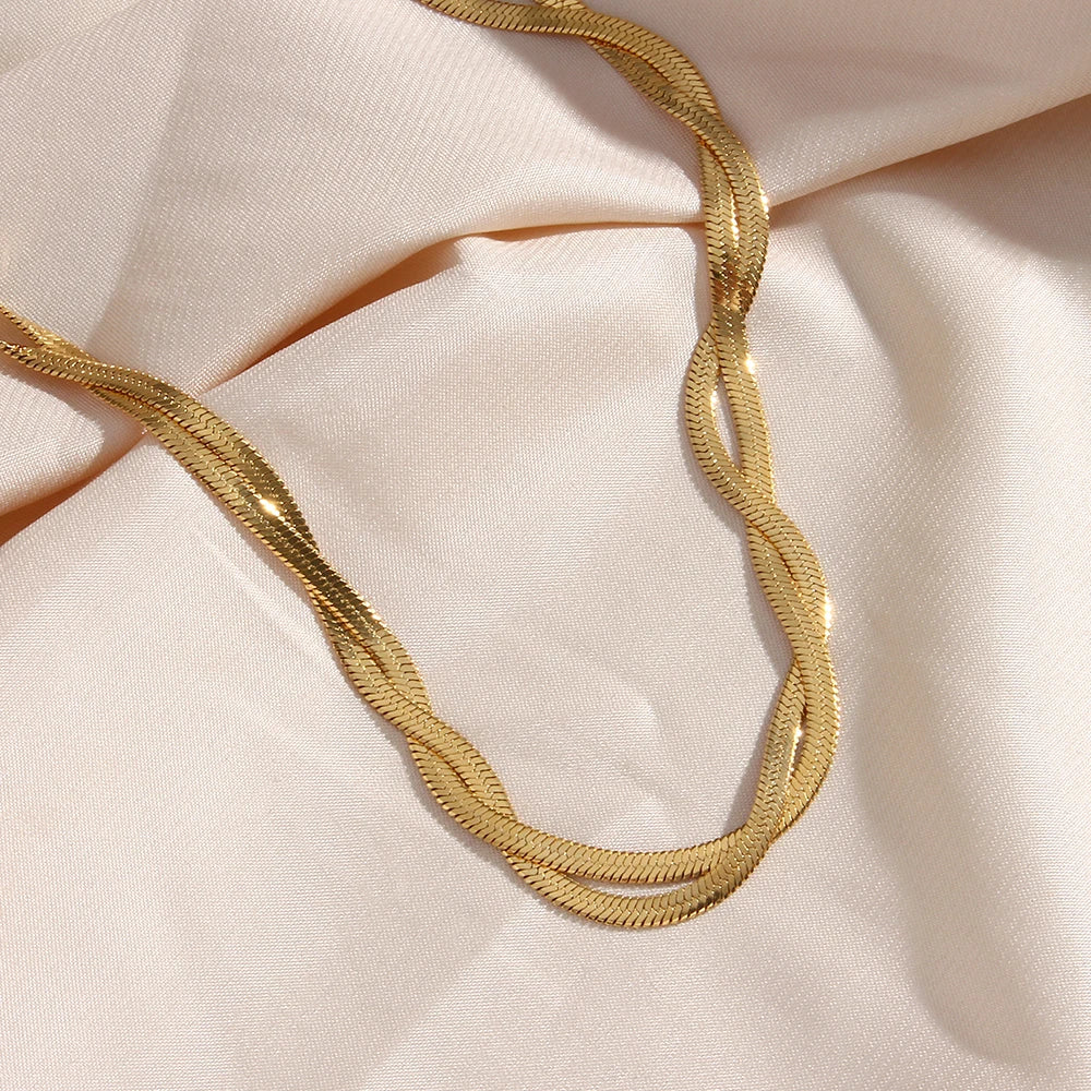 Gold Plated Braided New Herringbone Chain Necklace Bracelets Set Wholesale Stainless Steel Jewelry for Women