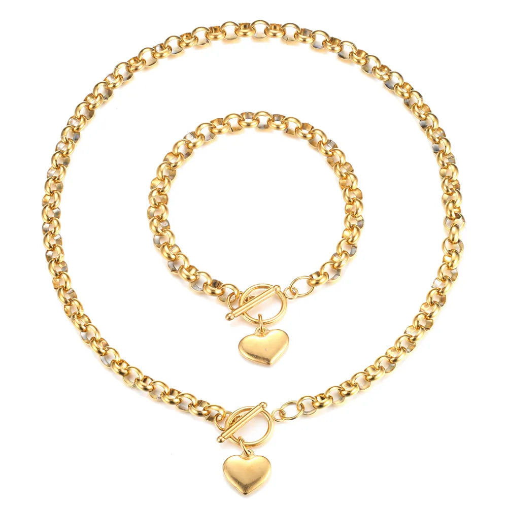 Stainless Steel Puff Heart Jewelry Sets for Women Fashion Buckle Toggle Heart Bracelet Ncklace Sets Female Jewelry