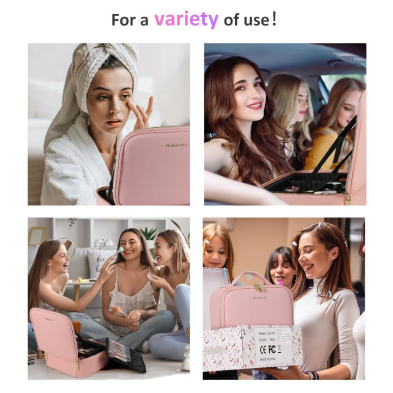 Behaesty Portable Makeup Bag with 3-Color LED Detachable Mirror 2000Mah USB Rechargeable Waterproof PU Leather Organizer Compact Travel Cosmetic Pouch