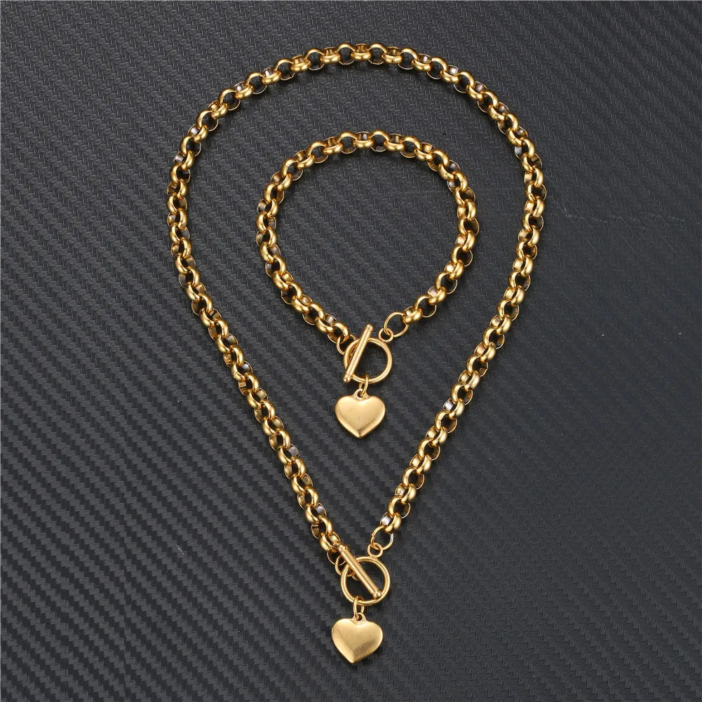 Stainless Steel Puff Heart Jewelry Sets for Women Fashion Buckle Toggle Heart Bracelet Ncklace Sets Female Jewelry