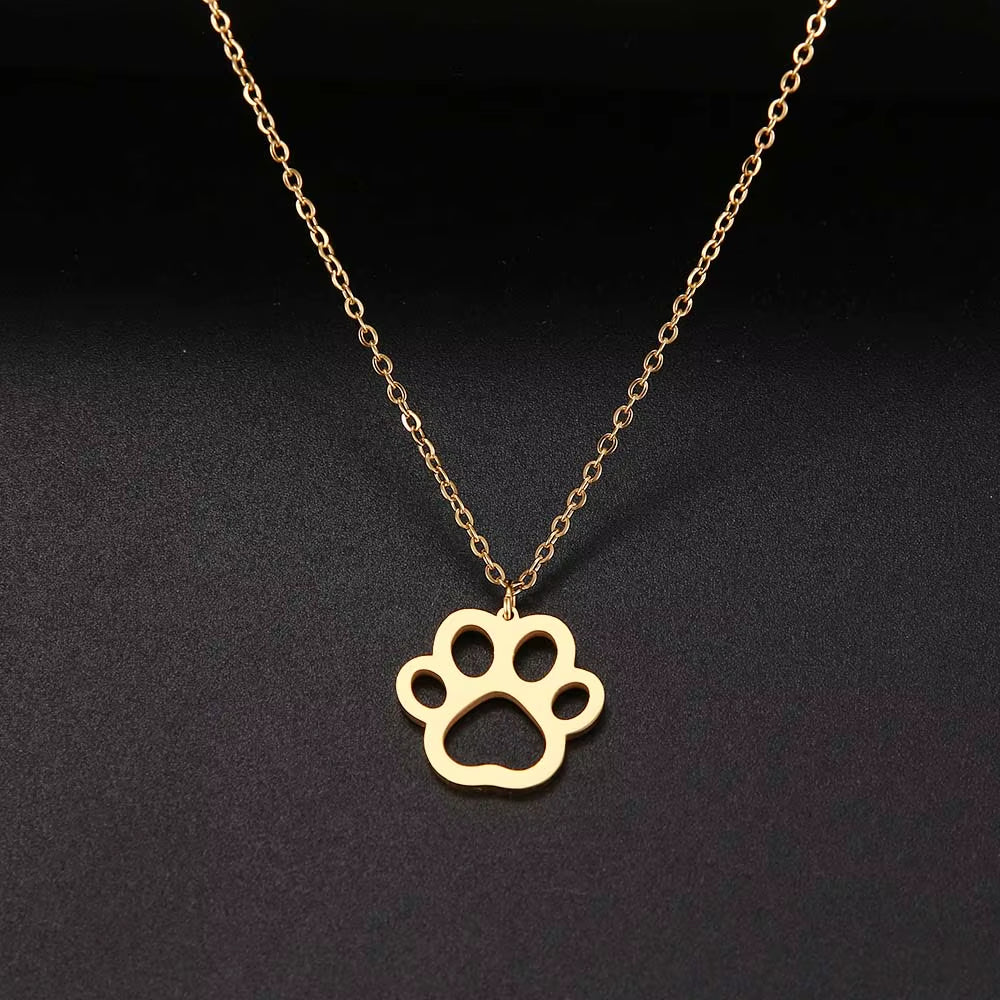 HOT SALE Gold Color Cute Animal Footprints Dog Cat Footprints Paw Necklaces Pendants Women Stainless Steel Jewelry