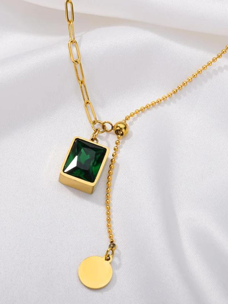 1 Piece Vintage Artificial Gemstone Detail Pendant Necklace for Women for Gift, Stainless Steel Jewelry, Retro round Charm Tassel Asymmetrical Design Necklace