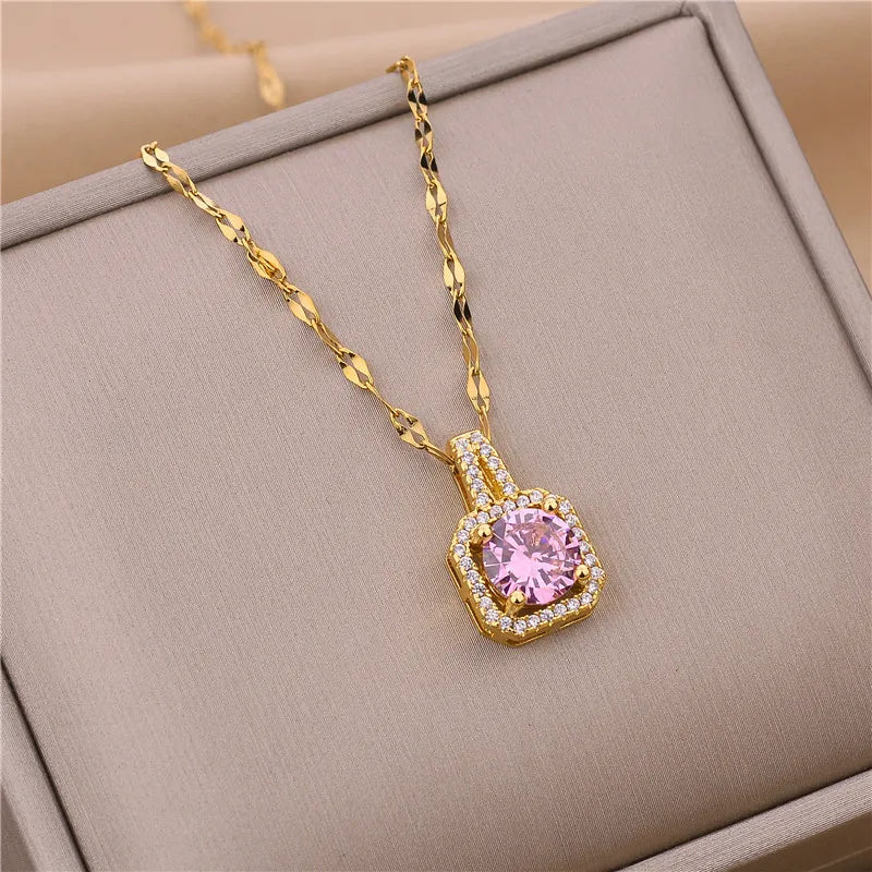 316L Stainless Steel Square 3 Color Crystal Zircon Clavicle Chain High Quality Beauty Pendant Necklace for Women Wedding