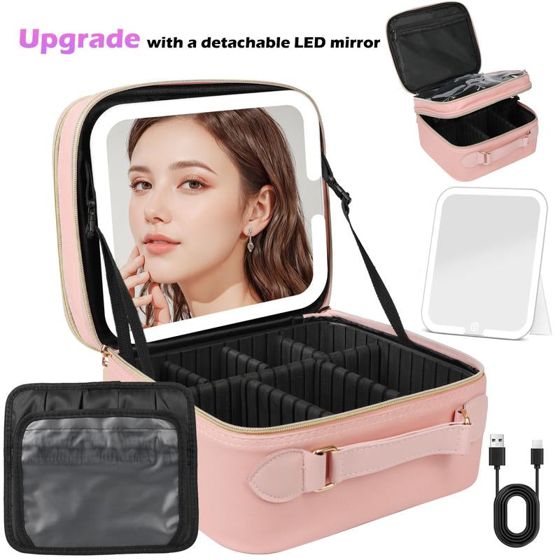 Behaesty Portable Makeup Bag with 3-Color LED Detachable Mirror 2000Mah USB Rechargeable Waterproof PU Leather Organizer Compact Travel Cosmetic Pouch