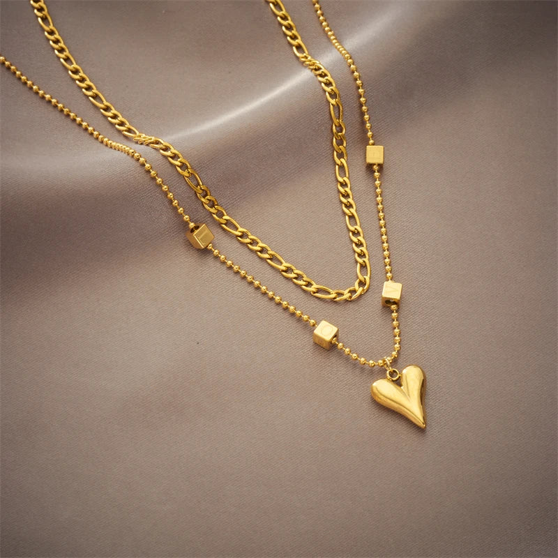 Stylish Multi-Layer Heart Pendant Necklace in Gold 316L Stainless Steel 