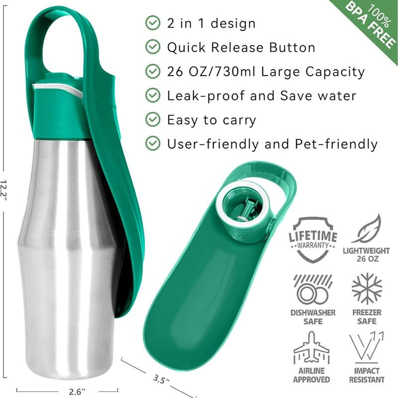 Dog Water Bottle, Portable Dog Water Bottle Dispenser - 27 OZ Stainless Steel Leak-Proof Water Bottle for Dogs