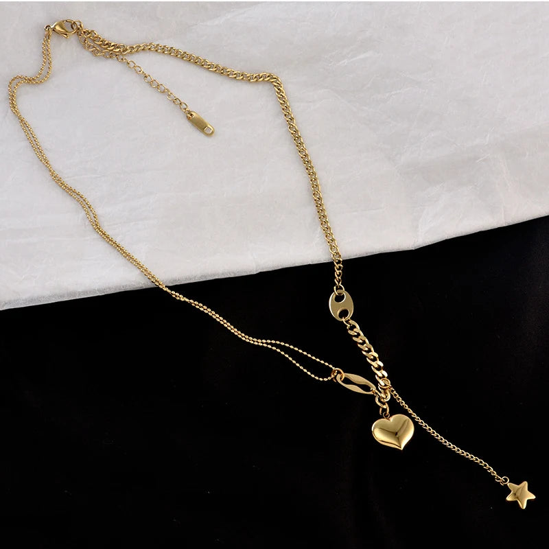 316L Stainless Steel Long Love Heart Women Girls Necklaces&Pendant Star Hanging Chain Choker Sweet Valentine'S Day Gift