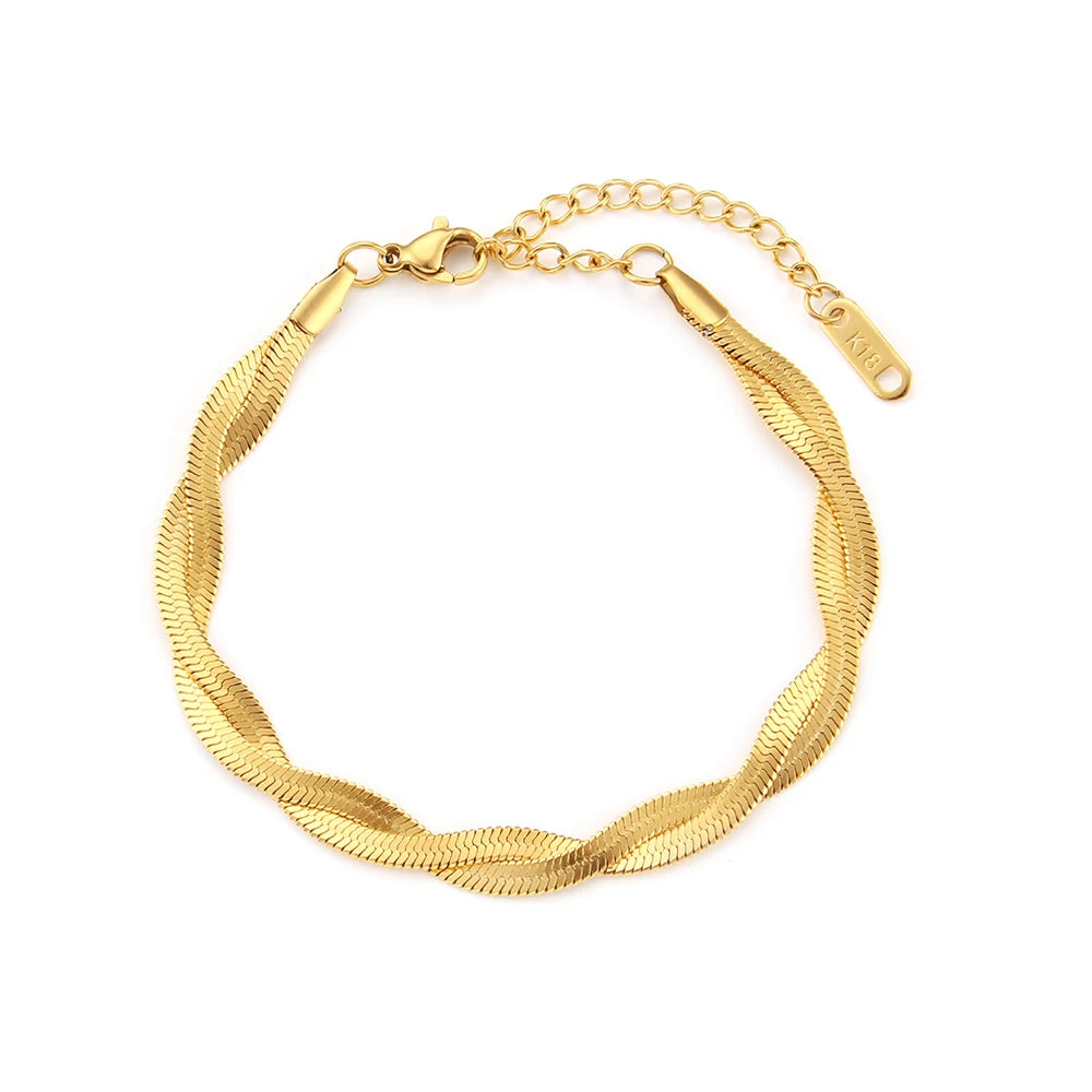Gold Plated Braided New Herringbone Chain Necklace Bracelets Set Wholesale Stainless Steel Jewelry for Women