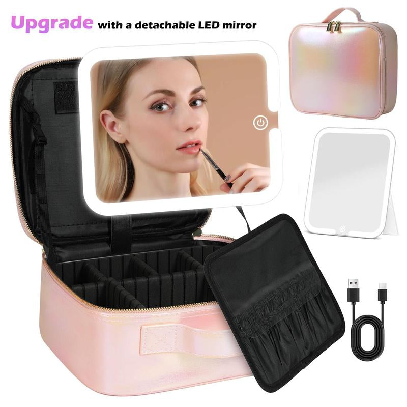 Behaesty Portable Makeup Bag with 3-Color LED Detachable Mirror 2000Mah USB Rechargeable Waterproof PU Leather Organizer Compact Travel Cosmetic Pouch