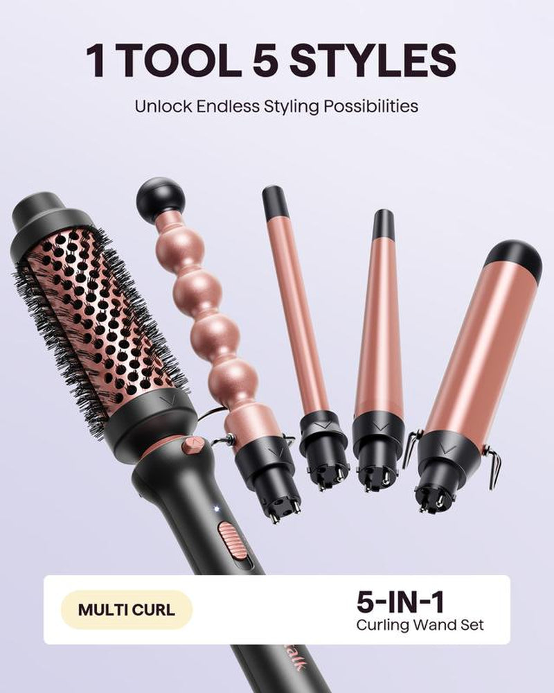 Wavytalk Multi-Curl 5-In-1 Ceramic Curling Wand Set, Fast Heat up Curling Wand from 1/2 to 1 1/4 Inch and a Thermal Brush, Dual Voltage Curling Iron